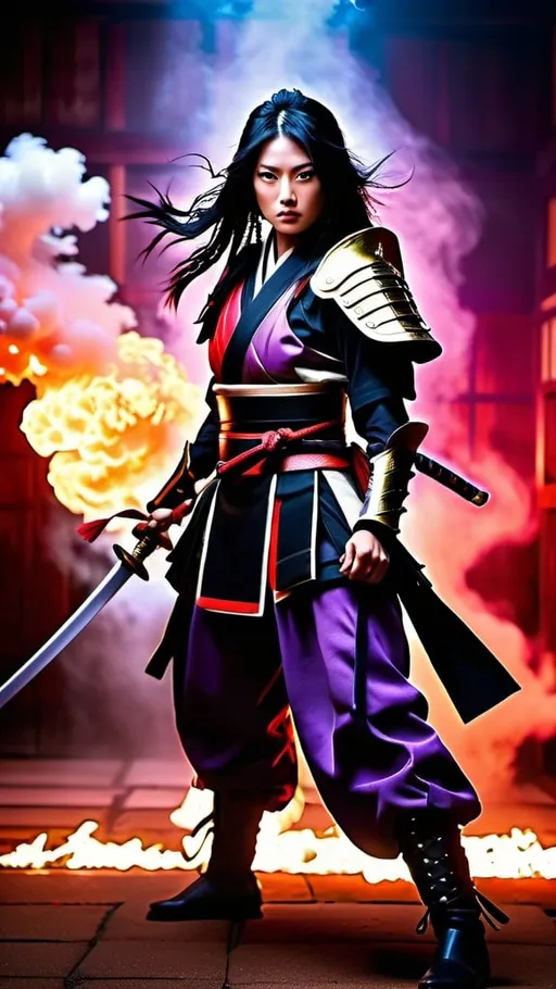 Prompt: fullbody photo, Japanese female warrior full-armored battle gear, attacking legs pose, free flowing long black hair, holding a legendary blizzard Samurai sword, fiery moist background, dragon art, Japanese empire, violet and crimson effect, rage style, artistic Professional photography, aesthetic, Loop Lighting, Cinematic film still, shot on v-raptor XL, film grain, vignette, color graded, post-processed, cinematic lighting, 35mm film, live-action, best quality, atmospheric, a masterpiece, epic, stunning, dramatic, intricate details, HDR, beautifully shot, hyperrealistic, sharp focus, 64 megapixels, perfect composition, high contrast, cinematic, atmospheric, moody