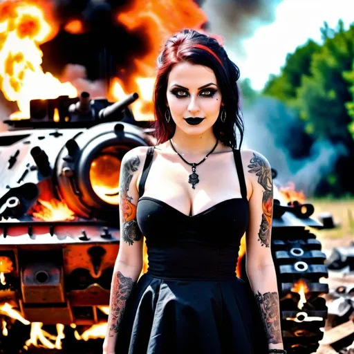 Prompt: Top view of a stunningly beautiful girl, perfectly shaped body, large beautiful bosoms, dressed in black short dress, emitting fiery fire engulfed around her. Both of her hands emitting red hot glowing fire, she is smiling flirtatiously. She is standing behind a burning wrecked battle tank. Her slightly large eyes are glowing bright fire orange looking at the camera, wearing goth makeup and sanskrit tattoos. intricate details, HDR, beautifully shot, hyperrealistic, sharp focus, 64 megapixels, perfect composition, high contrast, cinematic, atmospheric, moody. Image shots are professionally captured with real photo imagery, life like and super sharp at ISO400.