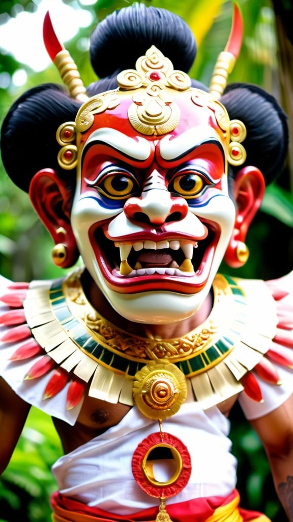 Prompt: The mystical regal Balinese Barong in full majestic attacking appearance in front of Balinese lush greenery and traditional Balinese residence. Glowing large eyes, intricate details, Perfect composition, vivid majestic colors, epicanthic fold, cinematic, panoramic, atmospheric, moody, 64 megapixels, ultra HDR, hyperrealistic, extensive Unreal rendering, Nikon Z7ii, Nikkor 85mm f/1.8 1/250 ISO400