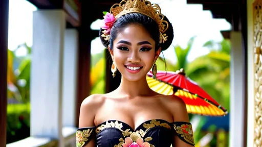 Prompt: Stunning frontal 21 year old Balinese princess fashion shot in regal avant-garde Kebaya Bali, beautifully perfect body shape, huge beautiful bosoms, regal smile, flirtatious, wearing Balinese traditional gold accessories, lush Balinese landscape and Balinese palace background, intricate Balinese scripture on the walls, colorful parasols, backed by traditional Balinese dancers, extra high details, superb unreal rendering, panoramic, atmospheric, ultra HDR, vivid, depth of field, bokeh, ultra realistic appearance, life like appearance, 64 megapixels, moody, romantic