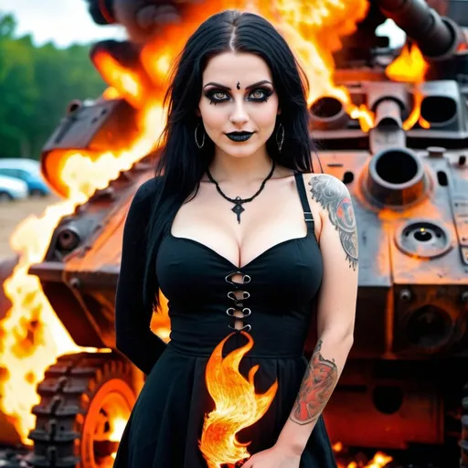 Prompt: Top view of a stunningly beautiful girl, perfectly shaped body, large beautiful bosoms, dressed in black short dress, emitting fiery fire engulfed around her. Both of her hands emitting red hot glowing fire, she is smiling flirtatiously. She is standing behind a burning wrecked battle tank. Her slightly large eyes are glowing bright fire orange looking at the camera, wearing goth makeup and sanskrit tattoos. intricate details, HDR, beautifully shot, hyperrealistic, sharp focus, 64 megapixels, perfect composition, high contrast, cinematic, atmospheric, moody. Image shots are professionally captured with real photo imagery, life like and super sharp at ISO400.