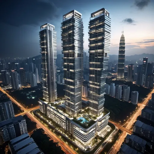 Prompt: Ultra luxury twin condominiums, Morphosis style architecture, symmetrical, elevated car parks, skypool, combination of glass, silver claddings, skyscraper type, 50 storey buildings, located at center of Kuala Lumpur, ultra high resolution, ultra high realism, cinematic, perspective overlooking from birds eye view. At night with vivid Kuala Lumpur warm lighting. 