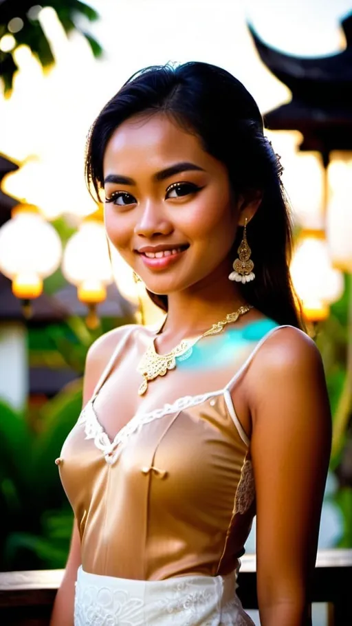 Prompt: A beautiful 21 years old Balinese girl wearing white decorated lace traditional Kebaya Bali, beautifully perfect body shape, large bosoms, smiling sweetly, professional supermodel makeup, wearing traditional Balinese accessories, standing in front of traditional Balinese residence and lush Balinese landscape. Image captured at sunset with glittering Balinese pendant lamps, bokeh effect, perfect composition, high contrast, cinematic, atmospheric, panoramic, moody, 64 megapixels, ISO400 