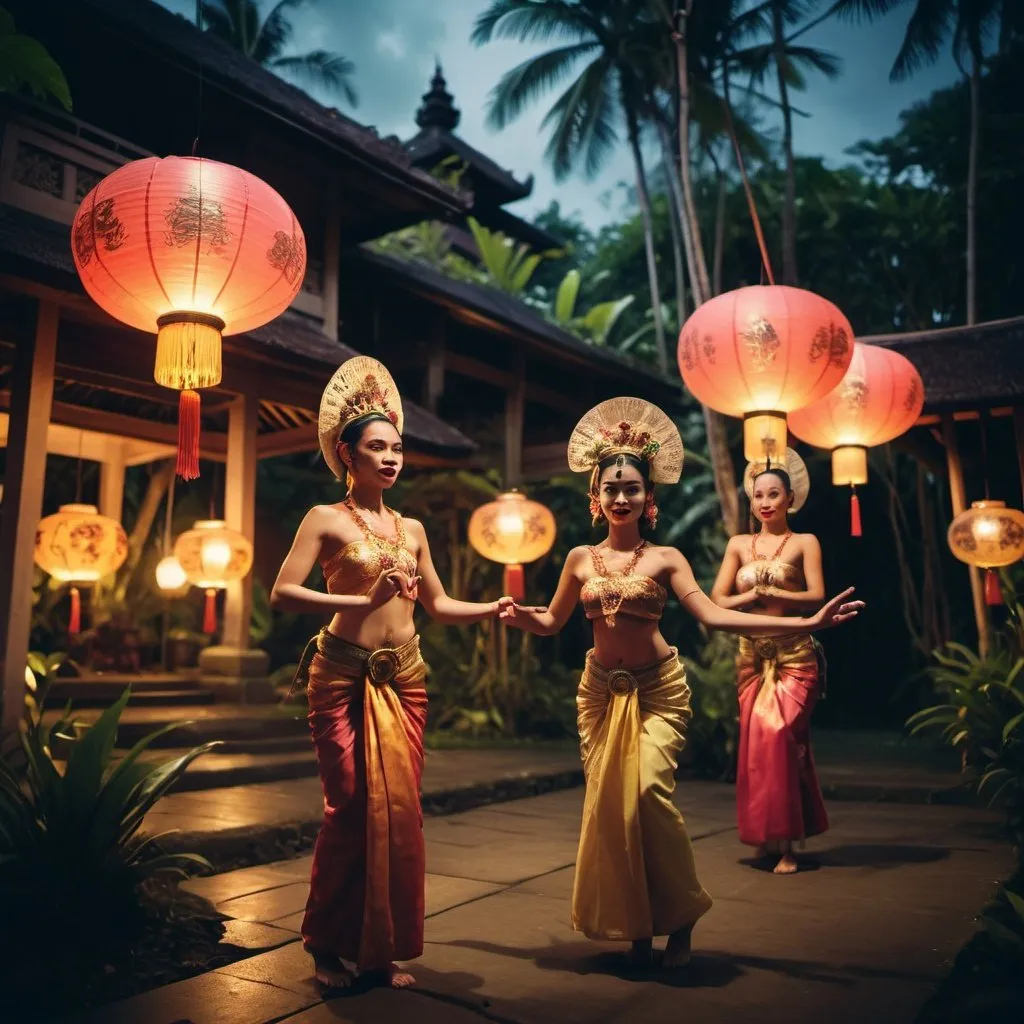 Prompt: Exotic traditional Balinese residence with lush Balinese landscape and exotic penjor stilts. Balinese dancers performing Legong Dance nearby. Night time, glittered with of Balinese lanterns and pendant lights. Cinematic film still, shot on v-raptor XL, film grain, vignette, color graded, post-processed, cinematic lighting, 35mm film, live-action, best quality, atmospheric, a masterpiece, epic, stunning, dramatic