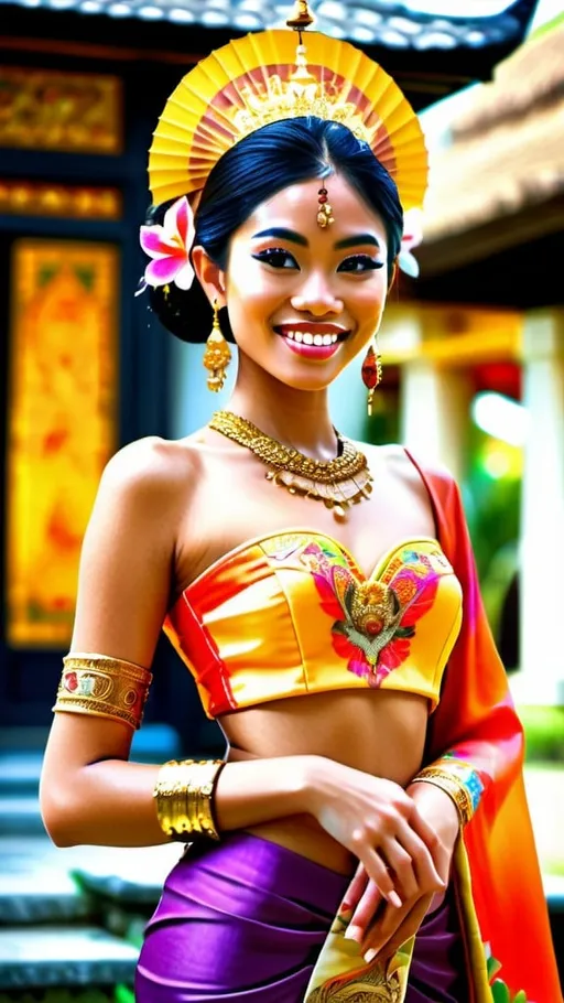 Prompt: Stunning full frontal 21 year old Balinese princess fashion shot in regal avant-garde Kebaya Bali, radiant regal smile, wearing golden bracelets, lush Balinese landscape and Balinese palace background, intricate Balinese scripture on the walls, colorful parasols, backed by traditional Balinese dancers, extra high details, 64k, unreal engine5 rendering, panoramic, HDR, vivid, depth of field, bokeh, ultra realistic appearance, life like appearance.