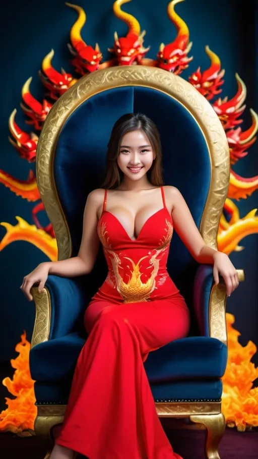 Prompt: Insanely beautiful smiling 21 years old girl, seating stylishly on a glowing gold throne, wearing tight fitting bright red dress, bright red eyes, supermodel makeup, huge beautiful bosoms, beautiful perfect body, flirty, engulfed by fiery Chinese fire dragon around the girl, perfect symmetric eyes, intricate details, hyper detailed, 64 megapixels, intricate details, ultra HDR, beautifully shot, hyperrealistic, sharp focus, 64 megapixels, perfect composition, high contrast, cinematic, atmospheric, moody, Nikon Z7ii, Nikkor 85mm f/1.8 1/250 ISO400