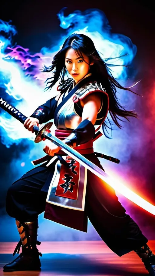 Prompt: fullbody photo, Japanese female warrior full-armored battle gear, attacking legs pose, free flowing long black hair, holding a legendary blizzard Samurai sword, fiery moist background, dragon art, Japanese empire, violet and crimson effect, rage style, artistic Professional photography, aesthetic, Loop Lighting, Cinematic film still, shot on v-raptor XL, film grain, vignette, color graded, post-processed, cinematic lighting, 35mm film, live-action, best quality, atmospheric, a masterpiece, epic, stunning, dramatic, intricate details, HDR, beautifully shot, hyperrealistic, sharp focus, 64 megapixels, perfect composition, high contrast, cinematic, atmospheric, moody