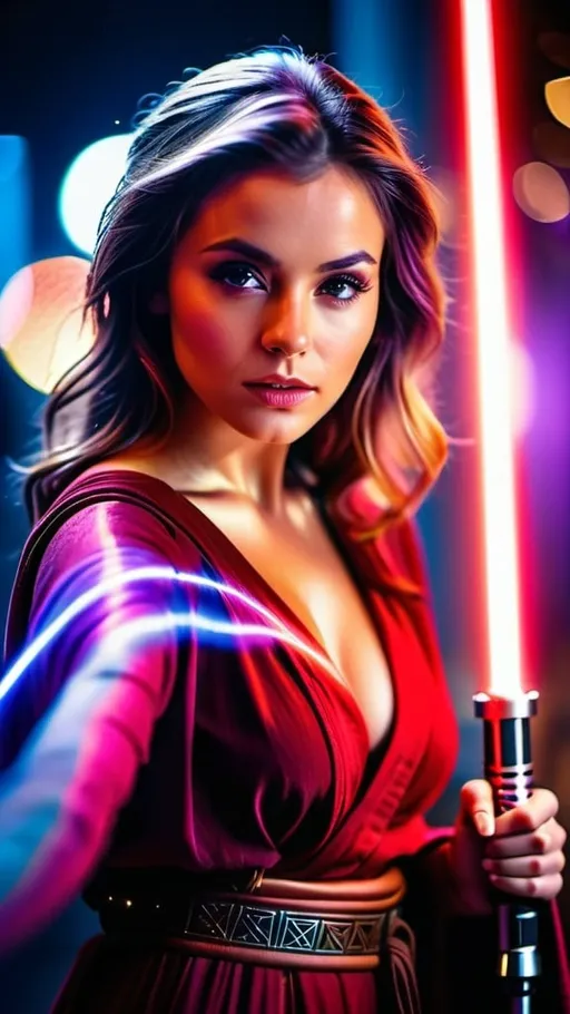 Prompt: A young and beautiful Jedi girl yielding a light sabre with her hands, huge beautiful bosoms, free flowing hair, striking pose stance, wearing a Jedi robe, a misty crimson and violet effects and Tattoine palace as a backdrop, bokeh effects, glittering lights, Cinematic film still, shot on v-raptor XL, film grain, vignette, color graded, post-processed, cinematic lighting, 35mm film, live-action, best quality, atmospheric, a masterpiece, epic, stunning, dramatic, intricate details, HDR, beautifully shot, hyperrealistic, sharp focus, 64 megapixels, perfect composition, high contrast, epicanthic fold, cinematic, atmospheric, atmospheric 