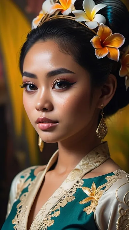 Prompt: Stunning frontal 21 year old Balinese girl fashion shot in avant-garde Kebaya Bali, huge beautiful bosoms, extra high details, 64k,, epic, cinematic, panoramic, vivid, hyper realistic, 64 megapixels, Cinematic film still, shot on v-raptor XL, film grain, vignette, color graded, post-processed, cinematic lighting, 35mm film, live-action, best quality, atmospheric, a masterpiece, epic, stunning, dramatic Hyperrealistic, splash art, concept art, mid shot, intricately detailed, color depth, dramatic, 2/3 face angle, side light, colorful background