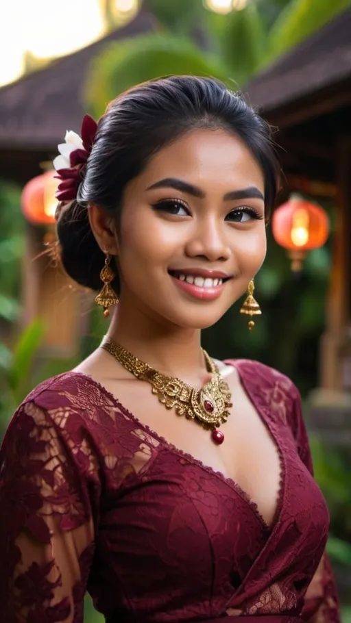 Prompt: A beautiful 21 years old Balinese girl wearing maroon decorated lace traditional Kebaya Bali, beautifully perfect body shape, large bosoms, smiling sweetly, professional supermodel makeup, wearing traditional Balinese accessories, standing in front of traditional Balinese residence and lush Balinese landscape. Image captured at sunset with glittering Balinese pendant lamps, bokeh effect, perfect composition, high contrast, epicanthic fold, cinematic, atmospheric, panoramic, moody, 64 megapixels, ISO400 