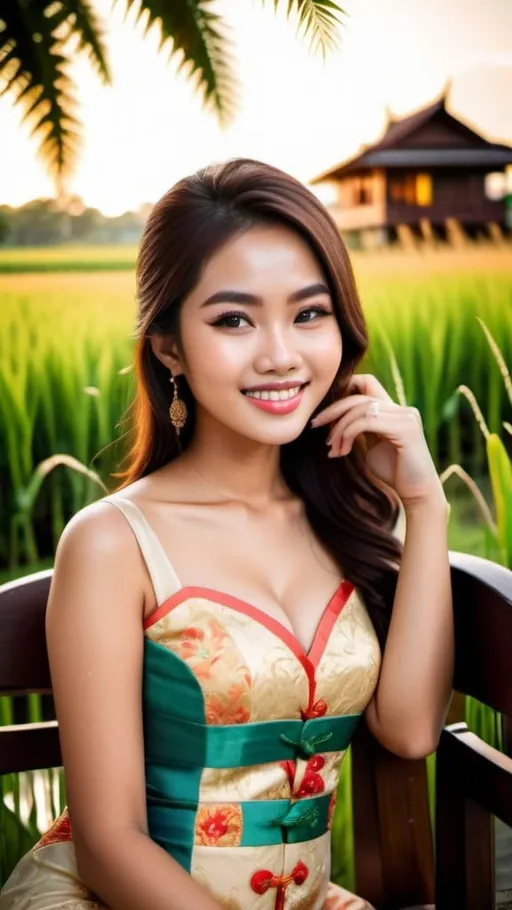 Prompt: A stunningly beautiful 21-year-old Malaysian girl, perfectly shape body, big beautiful bosoms, wearing traditional baju kebaya, smiling sweetly, supermodel makeup, sitting leisurely on an antique wooden chair, in front of lush beautiful paddy field and traditional Malay residence, beautiful sunset, warm glittering lights nearby, serene mood, ray tracing, grainy film effects, bokeh effects, lens flare, panoramic, atmospheric, ultra hyperrealistic, ultra HDR, beautifully shot, sharp focus, 64 megapixels, perfect composition, high contrast, intricate details, Nikon Z7ii, Nikkor 85mm f/1.8 1/250 ISO400