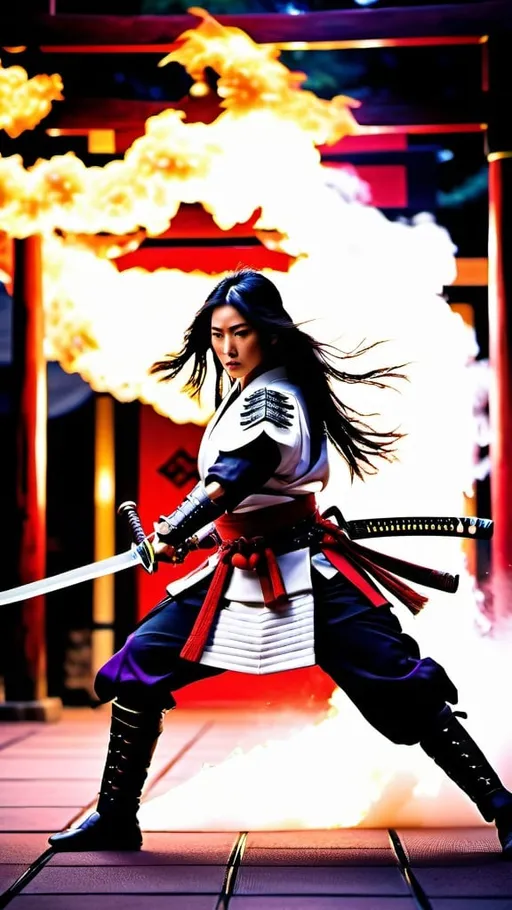 Prompt: fullbody photo, Japanese female warrior full-armored battle gear, attacking legs pose, free flowing long black hair, holding a legendary blizzard Samurai sword, fiery moist background, dragon art, Japanese empire, violet and crimson effect, rage style, artistic Professional photography, aesthetic, Loop Lighting, Cinematic film still, shot on v-raptor XL, film grain, vignette, color graded, post-processed, cinematic lighting, 35mm film, live-action, best quality, atmospheric, a masterpiece, epic, stunning, dramatic, intricate details, HDR, beautifully shot, hyperrealistic, sharp focus, 64 megapixels, perfect composition, high contrast, cinematic, atmospheric, moody