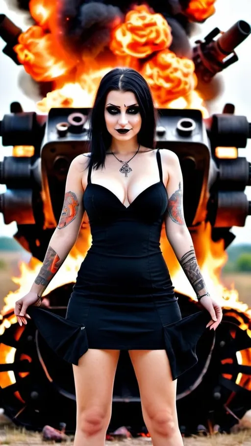 Prompt: Top view of a stunningly beautiful girl, perfectly shaped body, large beautiful bosoms, dressed in black short dress, emitting fiery fire engulfed around her. Both of her hands emitting red hot glowing fire, she is smiling flirtatiously. She is standing behind a burning wrecked battle tank. Her slightly large eyes are glowing bright fire orange looking at the camera, wearing goth makeup and sanskrit tattoos. intricate details, HDR, beautifully shot, hyperrealistic, sharp focus, 64 megapixels, perfect composition, high contrast, cinematic, atmospheric, moody. Image shots are professionally captured with real photo imagery, life like and super sharp at ISO400.