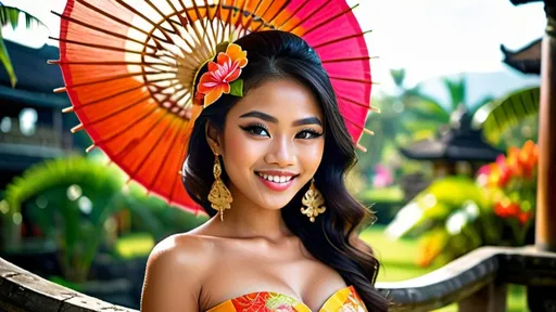 Prompt: Stunning frontal 21 year old Balinese princess fashion shot in regal avant-garde Kebaya Bali, beautifully perfect body shape, huge beautiful bosoms, regal smile, flirtatious, wearing Balinese traditional gold accessories, lush Balinese landscape and Balinese palace background, intricate Balinese scripture on the walls, colorful parasols, backed by traditional Balinese dancers, extra high details, superb unreal rendering, panoramic, atmospheric, ultra HDR, vivid, depth of field, bokeh, ultra realistic appearance, life like appearance, 64 megapixels, moody, romantic