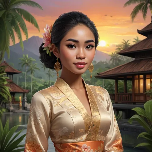 Prompt: Generate a lifelike portrayal of a 21-year-old Balinese woman wearing a Kebaya Bali, surrounded by lush scenery and traditional architecture under a captivating sunset. Emphasize Balinese beauty and culture with meticulous detail and vibrant colors, aiming for an art deco-inspired aesthetic for a serene atmosphere.