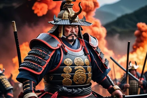 Prompt: A close up view of a fearsome and ruthless Shogun lord in full Samurai battle gear, backed by his Samurai armies, fiery reddish environment with gigantic volcanic eruption from behind the scene, vivid color, epic realism intricate details, HDR, beautifully shot, hyperrealistic, sharp focus, 64 megapixels, perfect composition, high contrast, cinematic, atmospheric, moody, panoramic, bokeh, image captured with Hassleblad, realistic