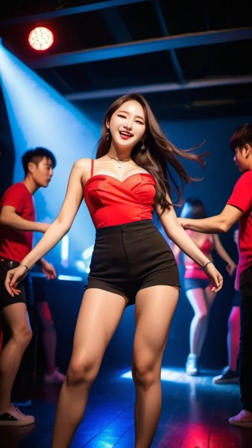 Prompt: Woman in her 20s in Seoul dancing fiercely, joyful expression, stunningly beautiful face with pronounced eyebrows, flowing goddess long hair, beautiful slim body, big beautiful bosoms, top is a red short party dress, bottom is black shorts, this is a famous EDM dance club in Seoul, among the many people, the woman stands out. Real photo, Stage lighting, general strobe lights, blue and red strobe lights, Best camera view angle, High definition, panoramic, cinematic, atmospheric, moody, vivid, high contrast, life like photo, hyperrealistic, epicanthic fold, ISO400 