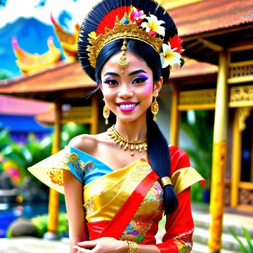 Prompt: Stunning frontal 21 year old Balinese princess fashion shot in regal avant-garde Kebaya Bali, radiant regal smile, wearing golden bracelets, lush Balinese landscape and Balinese palace background, intricate Balinese scripture on the walls, colorful parasols, backed by traditional Balinese dancers, extra high details, 8k, unreal engine5 rendering, panoramic, HDR, vivid, depth of field, bokeh, ultra realistic appearance, life like appearance.