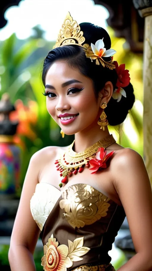 Prompt: Stunning frontal 21 year old Balinese princess fashion shot in regal avant-garde Kebaya Bali, beautifully perfect body shape, huge beautiful bosoms, regal smile, flirtatious, wearing Balinese traditional gold accessories, lush Balinese landscape and Balinese palace background, intricate Balinese scripture on the walls, backed by traditional Balinese dancers, extra high details, superb unreal rendering, panoramic, atmospheric, ultra HDR, vivid, depth of field, bokeh, ultra realistic appearance, life like appearance, 64 megapixels, moody, romantic