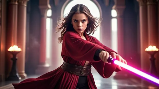 Prompt: A young and beautiful Jedi girl wielding bright violet light saber on the left and red light saber on her hand, huge beautiful bosoms, free flowing hair, looking focused, dynamic attacking action stance, wearing a Jedi robe, fiercely fighting Imperial armies, crimson violet mists and vapors effects, huge Naboo palace hall as a backdrop, bokeh effects, glittering lights, Cinematic film still, shot on v-raptor XL, film grain, vignette, color graded, post-processed, cinematic lighting, 35mm film, live-action, best quality, atmospheric, a masterpiece, epic, stunning, dramatic, intricate details, HDR, beautifully shot, hyperrealistic, sharp focus, 64 megapixels, perfect composition, high contrast, epicanthic fold, cinematic, atmospheric, atmospheric