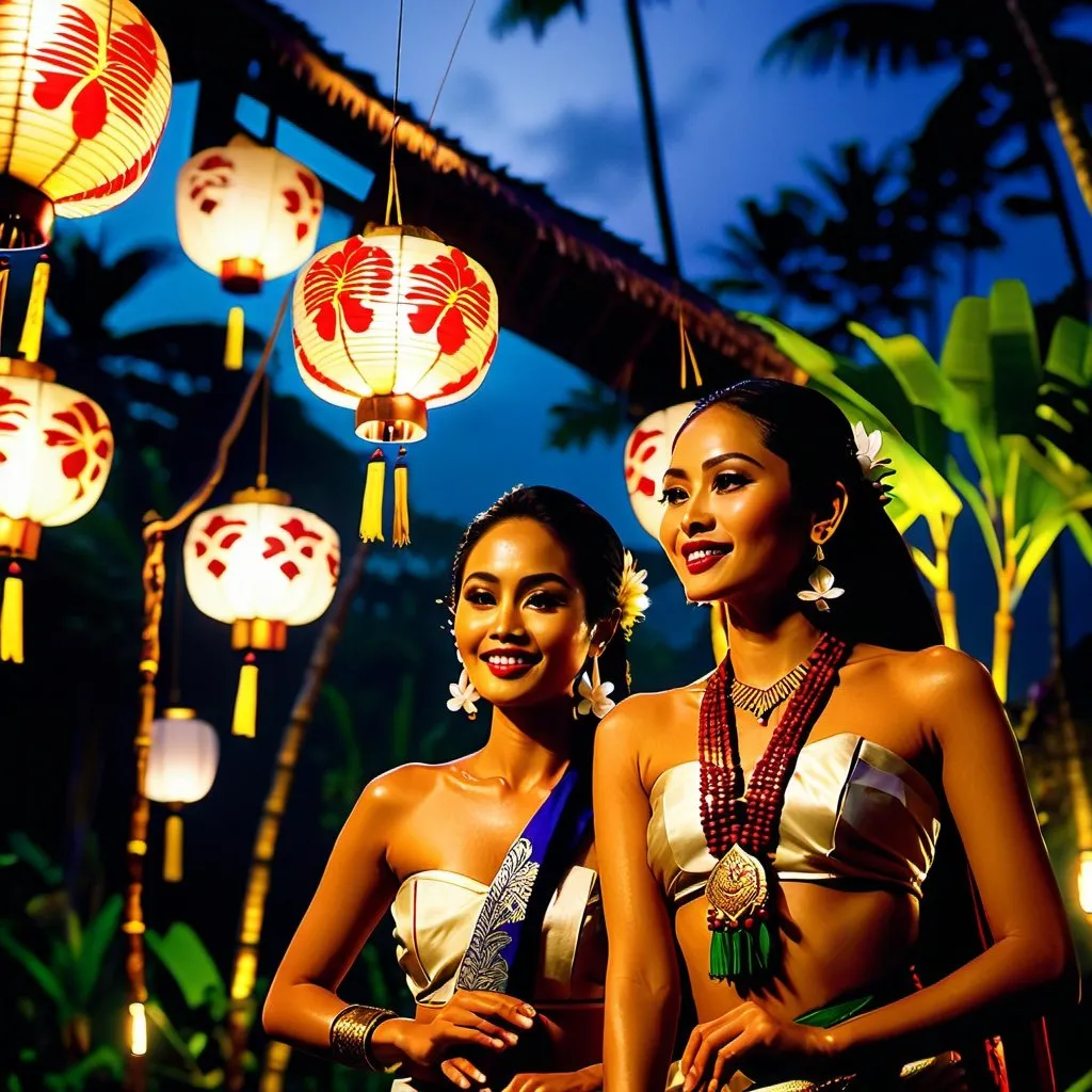 Prompt: Exotic traditional Balinese residence with lush Balinese landscape and exotic penjor stilts. Balinese dancers performing Legong Dance nearby. Night time, glittered with of Balinese lanterns and pendant lights. Cinematic film still, shot on v-raptor XL, film grain, vignette, color graded, post-processed, cinematic lighting, 35mm film, live-action, best quality, atmospheric, a masterpiece, epic, stunning, dramatic