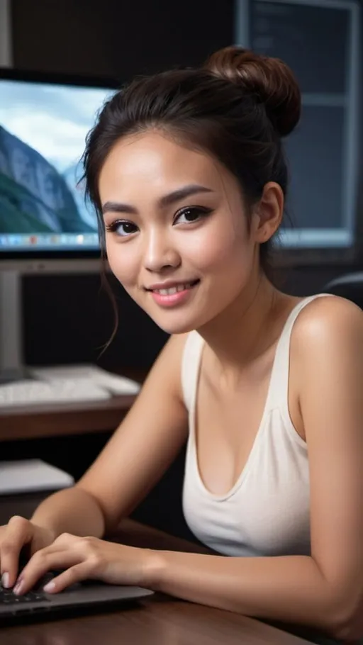Prompt: RAW photo, pretty young Indonesian woman, 25 year old, (round face, high cheekbones, almond-shaped brown eyes, epicanthic fold, small delicate nose, messy bun dark brown hair), sitting at desk in front of MacBook, supermodel makeup, messy desk, revealing tight thin white sleeveless shirt, huge beautiful bosoms, flirty sweet smile, background sophisticated game developer office, masterpiece, intricate detail, UHD, HDR, 64K, Cinematic film still, shot on v-raptor XL, film grain, vignette, color graded, post-processed, cinematic lighting, 35mm film, live-action, superb quality, atmospheric, a masterpiece, epic, stunning, dramatic, intricate details, HDR, beautifully shot, hyperrealistic, sharp focus, 64 megapixels, perfect composition, high contrast, cinematic, atmospheric, moody