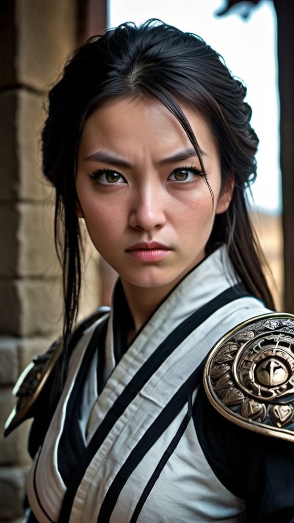 Prompt: Inside the melee of strife, despite the strength of powerful enemies and evocative visions, Ronin stays firm with her single eye unshifting and her emotions unchanged—a castle to keep evil intentions far from her nature. Perfect symmetric eyes, flirtatious, intricate details, hyper detailed, 64 megapixels, intricate details, ultra HDR, beautifully shot, hyperrealistic, sharp focus, 64 megapixels, perfect composition, high contrast, cinematic, atmospheric, moody, Nikon Z7ii, Nikkor 85mm f/1.8 1/250 ISO400