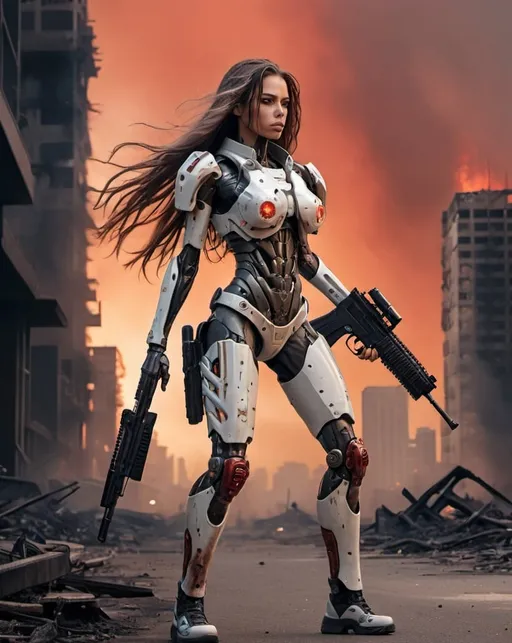 Prompt: A full body view of a beautiful female Cyborg, wearing weary battle gear with free flowing long hair, walking while holding her sophisticated assault rifle. Only her head remains humanlike. Her background is a cityscape burnt down to the ground with fiery red sky. 