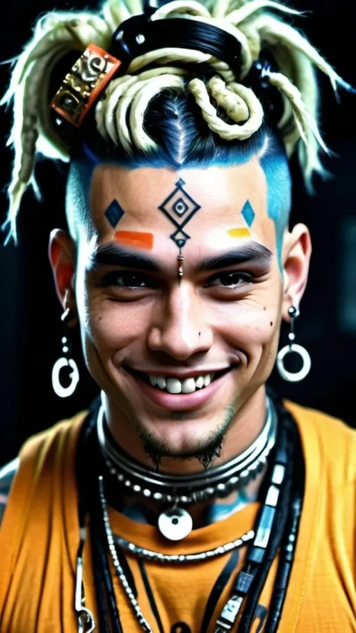 Prompt: Close up portrait shot, frontal view, a handsome cybergoth guy with huge muscular built, flirty smile, heavy cybergoth avant-garde accessories, bangles, ornate body piercings, Sanskrit body tattoos, ornate ornaments, messy bun, dreadlocks hairstyle, in the artstyle of Dan Lam, Aaron Horkey & Andy Warhol, Psychedelic post world as a backdrop in full bokeh effects, Surrealistic, Beautiful, Weird, Elegant, Eerie, Glamorous, Psychedelic, cgi, 3d, 32k, vibrant, realistic, hyperrealistic, photorealistic, cinematic, interesting, exciting, ultra vivid, solid, shiny, maximalist, perfect, masterpiece, intricate details, ultra HDR, beautifully shot, hyperrealistic, sharp focus, 64 megapixels, perfect composition, high contrast, cinematic, atmospheric, moody