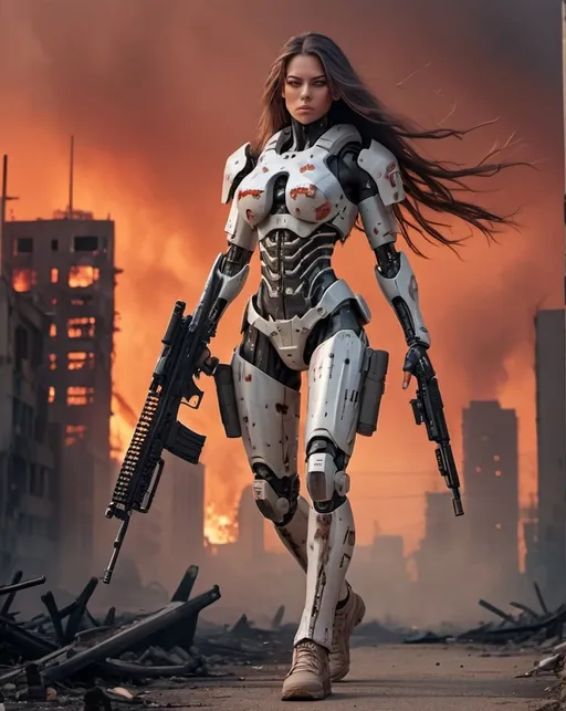 Prompt: A full body view of a beautiful female Cyborg, wearing weary battle gear with free flowing long hair, walking while holding her sophisticated assault rifle. Only her head remains humanlike. Her background is a cityscape burnt down to the ground with fiery red sky. 