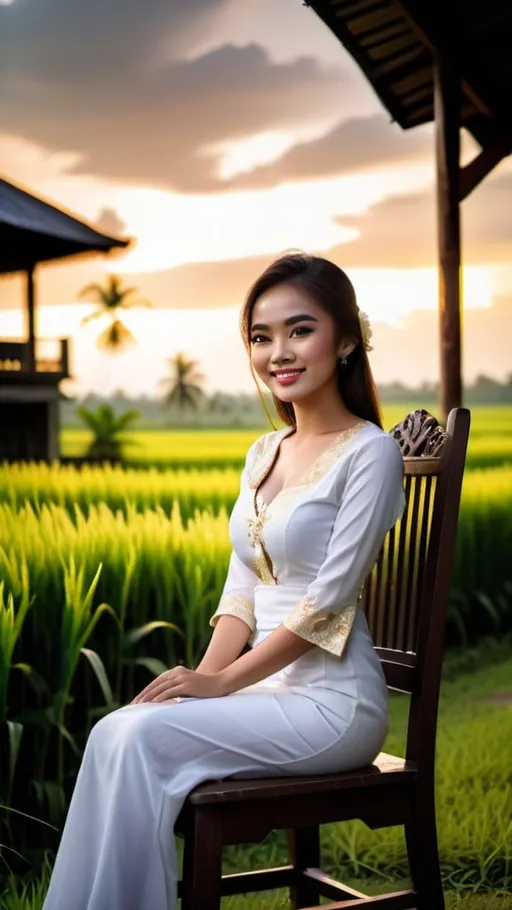 Prompt: A stunningly beautiful 21-year-old Malaysian girl, perfectly shape body, big beautiful bosoms, wearing traditional baju kebaya, smiling sweetly, supermodel makeup, sitting leisurely on an antique wooden chair, in front of lush beautiful paddy field and traditional Malay residence, beautiful sunset, warm glittering lights nearby, serene mood, ray tracing, grainy film effects, bokeh effects, lens flare, panoramic, atmospheric, ultra hyperrealistic, ultra HDR, beautifully shot, sharp focus, 64 megapixels, perfect composition, high contrast, intricate details, Nikon Z7ii, Nikkor 85mm f/1.8 1/250 ISO400