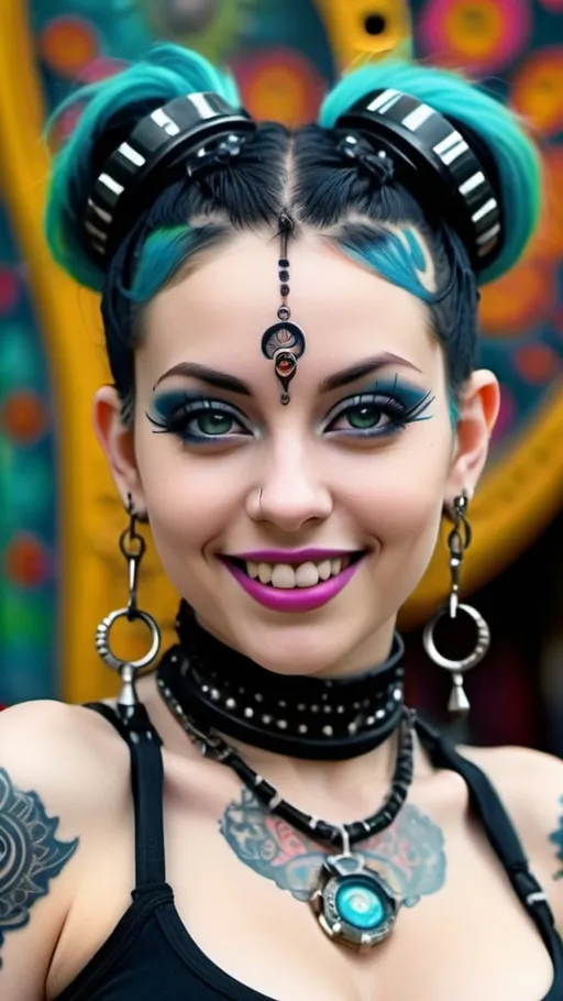 Prompt: Close up portrait shot, frontal view, a beautiful cybergoth girl with huge beautiful bosoms, flirty smile, heavy cybergoth avant-garde accessories, bangles, ornate body piercings, Sanskrit body tattoos, ornate ornaments, in the style of Dan Lam, Aaron Horkey & Andy Warhol, Psychedelic post world as a backdrop in full bokeh effects, Surrealistic, Beautiful, Weird, Elegant, Eerie, Glamorous, Psychedelic, cgi, 3d, 32k, vibrant, realistic, hyperrealistic, photorealistic, cinematic, interesting, exciting, ultra vivid, solid, shiny, maximalist, perfect, masterpiece, intricate details, HDR, beautifully shot, hyperrealistic, sharp focus, 64 megapixels, perfect composition, high contrast, cinematic, atmospheric, moody