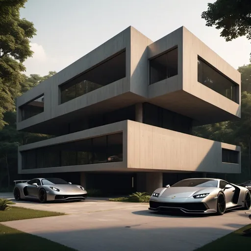 Prompt: Luxury residence, massive Brutalist Architecture and Morphosis elements. Combination of spherical and boxy structures with protuding I type beam columns. Fluid spatial configurations, ultra high realism, cinematic, 4K, a Lamborghini Murcilago and 911 Porsche are parking at the porch, lush forest background, near riverside, sunset with ambience lighting. 