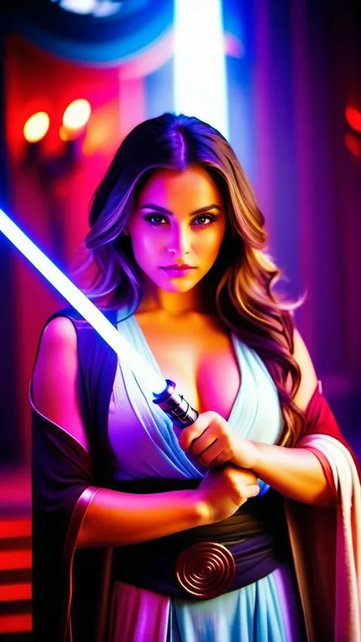 Prompt: A young and beautiful Jedi girl yielding a light sabre with her hands, huge beautiful bosoms, free flowing hair, striking pose stance, wearing a Jedi robe with ornate Jedi accessories, a misty crimson and violet effects and Tattoine palace as a backdrop, bokeh effects, glittering lights, Cinematic film still, shot on v-raptor XL, film grain, vignette, color graded, post-processed, cinematic lighting, 35mm film, live-action, best quality, atmospheric, a masterpiece, epic, stunning, dramatic, intricate details, HDR, beautifully shot, hyperrealistic, sharp focus, 64 megapixels, perfect composition, high contrast, epicanthic fold, cinematic, atmospheric, atmospheric 