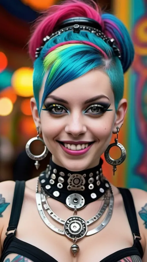 Prompt: Close up portrait shot, frontal view, a beautiful cybergoth girl with huge beautiful bosoms, flirty smile, heavy cybergoth avant-garde accessories, bangles, ornate body piercings, Sanskrit body tattoos, ornate ornaments, in the style of Aaron Horkey & Andy Warhol, Psychedelic post world as a backdrop in full bokeh effects, Surrealistic, Beautiful, Weird, Elegant, Eerie, Glamorous, Psychedelic, cgi, 3d, 32k, vibrant, realistic, hyperrealistic, photorealistic, cinematic, interesting, exciting, vivid, solid, shiny, maximalist, perfect, masterpiece, intricate details, HDR, beautifully shot, hyperrealistic, sharp focus, 64 megapixels, perfect composition, high contrast, cinematic, atmospheric, moody