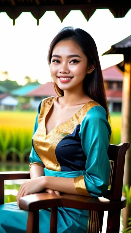 Prompt: A stunningly beautiful 21-year-old Malaysian girl, perfectly shape body, big beautiful bosoms, wearing traditional baju kurung, smiling sweetly, supermodel makeup, sitting leisurely on an antique wooden chair, in front of lush beautiful paddy field and traditional Malay residence, beautiful sunset, warm glittering lights nearby, serene mood, ray tracing, grainy film effects, bokeh effects, lens flare, panoramic, atmospheric, ultra hyperrealistic, ultra HDR, beautifully shot, sharp focus, 64 megapixels, perfect composition, high contrast, intricate details, Nikon Z7ii, Nikkor 85mm f/1.8 1/250 ISO400