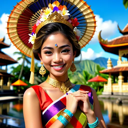 Prompt: Stunning frontal 21 year old Balinese princess fashion shot in regal avant-garde Kebaya Bali, radiant regal smile, wearing golden bracelets, lush Balinese landscape and Balinese palace background, intricate Balinese scripture on the walls, colorful parasols, backed by traditional Balinese dancers, extra high details, 8k, unreal engine5 rendering, panoramic, HDR, vivid, depth of field, bokeh, ultra realistic appearance, life like appearance.