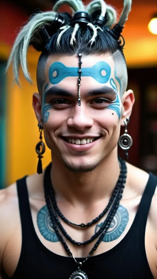 Prompt: Close up portrait shot, frontal view, a handsome cybergoth guy with huge muscular built, flirty smile, heavy cybergoth avant-garde accessories, bangles, ornate body piercings, Sanskrit body tattoos, ornate ornaments, messy bun, dreadlocks hairstyle, in the artstyle of Dan Lam, Aaron Horkey & Andy Warhol, Psychedelic post world as a backdrop in full bokeh effects, Surrealistic, Beautiful, Weird, Elegant, Eerie, Glamorous, Psychedelic, cgi, 3d, 32k, vibrant, realistic, hyperrealistic, photorealistic, cinematic, interesting, exciting, ultra vivid, solid, shiny, maximalist, perfect, masterpiece, intricate details, ultra HDR, beautifully shot, hyperrealistic, sharp focus, 64 megapixels, perfect composition, high contrast, cinematic, atmospheric, moody