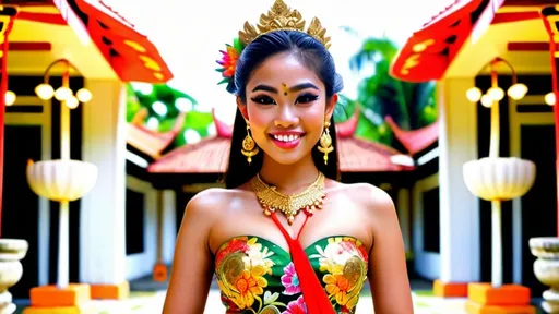 Prompt: Stunning frontal 21 year old Balinese princess fashion shot in regal avant-garde Kebaya Bali, beautifully perfect body shape, huge beautiful bosoms, regal smile, flirtatious, wearing Balinese traditional gold accessories, lush Balinese landscape and Balinese palace background, intricate Balinese scripture on the walls, colorful parasols, backed by traditional Balinese dancers, extra high details, superb unreal rendering, panoramic, atmospheric, ultra HDR, vivid, depth of field, bokeh, ultra realistic appearance, life like appearance, 64 megapixels, moody, romantic