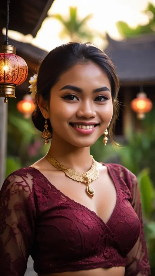 Prompt: A beautiful 21 years old Balinese girl wearing maroon decorated lace traditional Kebaya Bali, beautifully perfect body shape, large bosoms, smiling sweetly, professional supermodel makeup, wearing traditional Balinese accessories, standing in front of traditional Balinese residence and lush Balinese landscape. Image captured at sunset with glittering Balinese pendant lamps, bokeh effect, perfect composition, high contrast, epicanthic fold, cinematic, atmospheric, panoramic, moody, 64 megapixels, ISO400 