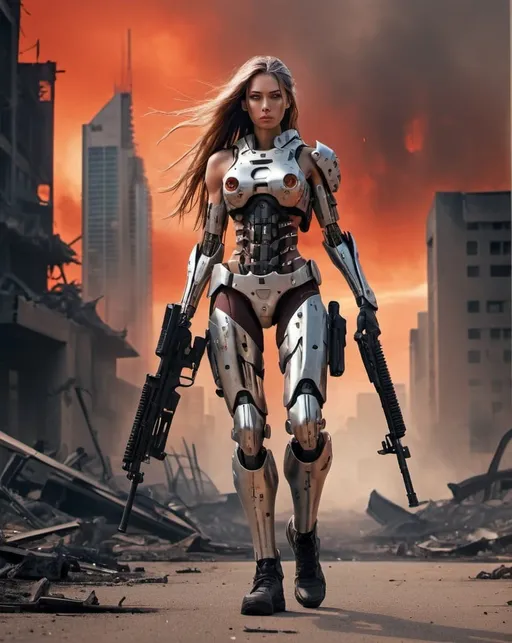 Prompt: A full body view of a beautiful female Cyborg, wearing weary battle gear with free flowing long hair, walking while holding her sophisticated assault rifle. Only her head remains humanlike. Her background is a cityscape burnt down to the ground with fiery red sky. 