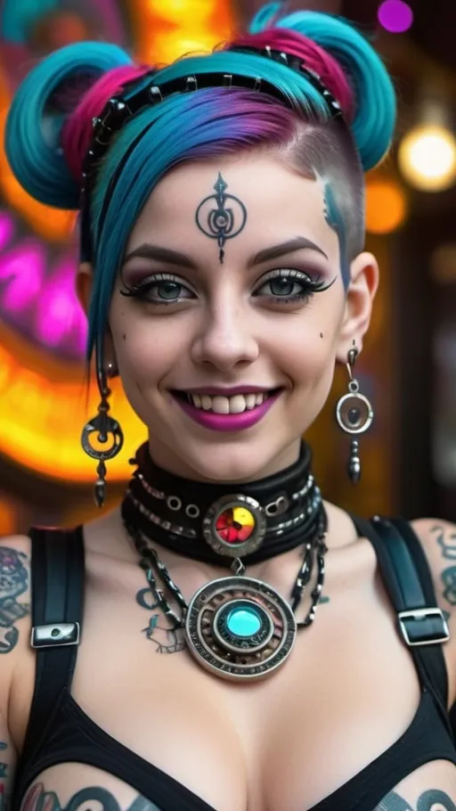 Prompt: Close up portrait shot, frontal view, a beautiful cybergoth girl with huge beautiful bosoms, flirty smile, heavy cybergoth avant-garde accessories, bangles, ornate body piercings, Sanskrit body tattoos, ornate ornaments, in the style of Aaron Horkey & Andy Warhol, Psychedelic post world as a backdrop in full bokeh effects, Surrealistic, Beautiful, Weird, Elegant, Eerie, Glamorous, Psychedelic, cgi, 3d, 32k, vibrant, realistic, hyperrealistic, photorealistic, cinematic, interesting, exciting, vivid, solid, shiny, maximalist, perfect, masterpiece, intricate details, HDR, beautifully shot, hyperrealistic, sharp focus, 64 megapixels, perfect composition, high contrast, cinematic, atmospheric, moody