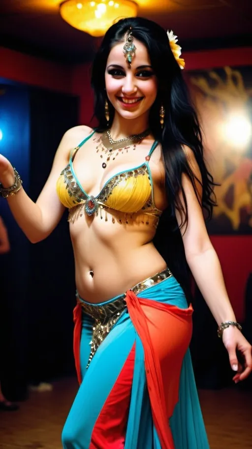 Prompt: Stunningly beautiful smiling 21 years old belly dancer girl, full laced Harem dress with avant-garde accessories, beautiful large bosoms, perfect body, slim tummy, free flowing long black hair, perfect composition, dancing, encoring crowds, vivid colors, warm glittering lights, romantic mode, high contrast, epicanthic fold, cinematic, panoramic, atmospheric, 64 megapixels, Cinematic film still, shot on v-raptor XL, film grain, vignette, color graded, post-processed, cinematic lighting, 35mm film, live-action, best quality, atmospheric, a masterpiece, epic, stunning, dramatic