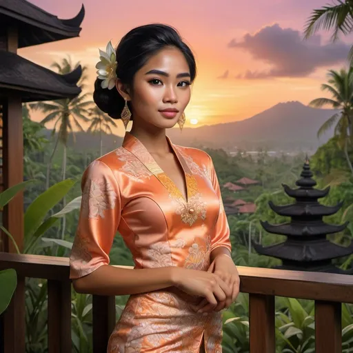 Prompt: Generate a lifelike portrayal of a 21-year-old Balinese woman wearing a Kebaya Bali, surrounded by lush scenery and traditional architecture under a captivating sunset. Emphasize Balinese beauty and culture with meticulous detail and vibrant colors, aiming for an art deco-inspired aesthetic for a serene atmosphere.