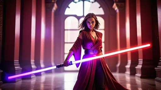 Prompt: A young and beautiful Jedi girl wielding bright violet light saber on the left and red light saber on her hand, huge beautiful bosoms, free flowing hair, looking focused, dynamic attacking action stance, wearing a Jedi robe, fiercely fighting Imperial armies, crimson violet mists and vapors effects, huge Naboo palace hall as a backdrop, bokeh effects, glittering lights, Cinematic film still, shot on v-raptor XL, film grain, vignette, color graded, post-processed, cinematic lighting, 35mm film, live-action, best quality, atmospheric, a masterpiece, epic, stunning, dramatic, intricate details, HDR, beautifully shot, hyperrealistic, sharp focus, 64 megapixels, perfect composition, high contrast, epicanthic fold, cinematic, atmospheric, atmospheric