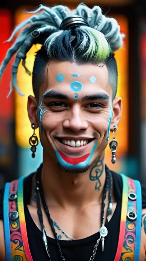 Prompt: Close up portrait shot, frontal view, a handsome cybergoth guy with huge muscular built, flirty smile, heavy cybergoth avant-garde accessories, bangles, ornate body piercings, Sanskrit body tattoos, ornate ornaments, messy bun, dreadlocks hairstyle, in the artstyle of Dan Lam, Aaron Horkey & Andy Warhol, Psychedelic post world as a backdrop in full bokeh effects, Surrealistic, Beautiful, Weird, Elegant, Eerie, Glamorous, Psychedelic, cgi, 3d, 32k, vibrant, realistic, hyperrealistic, photorealistic, cinematic, interesting, exciting, ultra vivid, solid, shiny, maximalist, perfect, masterpiece, intricate details, ultra HDR, beautifully shot, hyperrealistic, sharp focus, 64 megapixels, perfect composition, high contrast, cinematic, atmospheric, moody