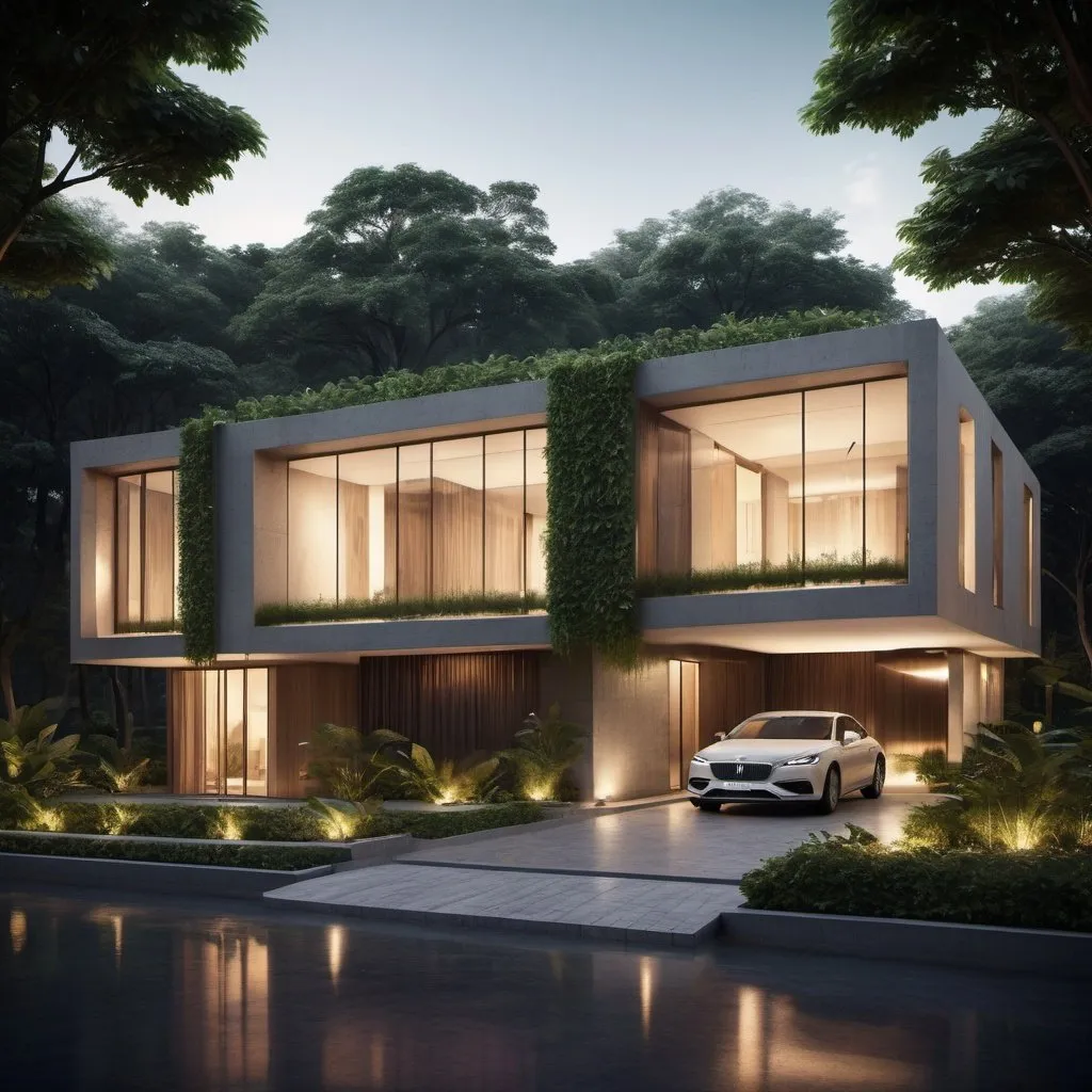 Prompt: Ultra luxury residence, single storey, organic spatial configurations, hybrid boxy and liquid like facade, near riverside with lush forest at the background, hints of Brutalist Architecture, at night with ambience warm lighting. 