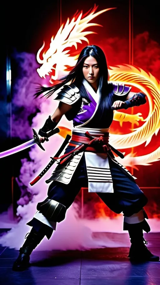 Prompt: fullbody photo, Japanese female warrior full-armored battle gear, attacking legs pose, free flowing long black hair, holding a legendary blizzard Samurai sword, fiery moist background, dragon art, Japanese empire, violet and crimson effect, rage style, artistic Professional photography, aesthetic, Loop Lighting, Cinematic film still, shot on v-raptor XL, film grain, vignette, color graded, post-processed, cinematic lighting, 35mm film, live-action, best quality, atmospheric, a masterpiece, epic, stunning, dramatic, intricate details, HDR, beautifully shot, hyperrealistic, sharp focus, 64 megapixels, perfect composition, high contrast, cinematic, atmospheric, moody