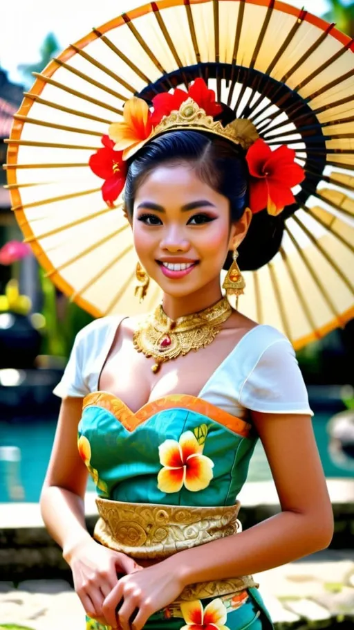 Prompt: Stunning frontal 21 year old Balinese princess fashion shot in regal avant-garde Kebaya Bali, beautifully perfect body shape, huge beautiful bosoms, regal smile, flirtatious, wearing Balinese traditional gold accessories, lush Balinese landscape and Balinese palace background, intricate Balinese scripture on the walls, colorful parasols, backed by traditional Balinese dancers, extra high details, superb unreal rendering, panoramic, atmospheric, ultra HDR, vivid, depth of field, bokeh, ultra realistic appearance, life like appearance, 64 megapixels, moody, romantic