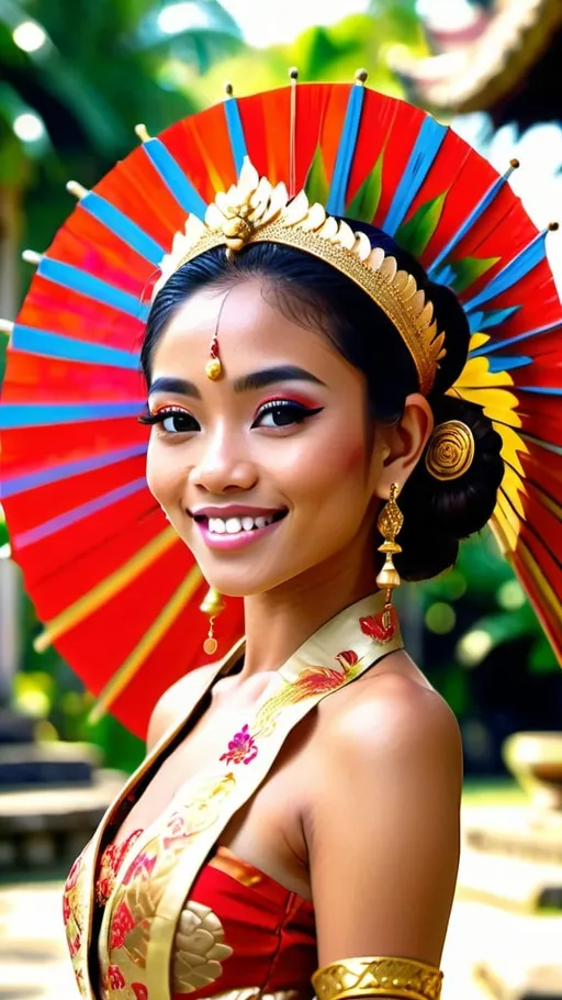 Prompt: Stunning frontal 21 year old Balinese princess fashion shot in regal avant-garde Kebaya Bali, radiant regal smile, wearing golden bracelets, lush Balinese landscape and Balinese palace background, intricate Balinese scripture on the walls, colorful parasols, backed by traditional Balinese dancers, extra high details, 8k, unreal engine5 rendering, panoramic, HDR, vivid, depth of field, bokeh, ultra realistic appearance, life like appearance.